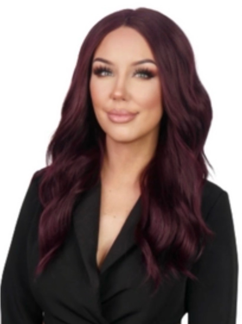 Chelsey Smith Crow. Nadia Fashion Wig in Deep Burgundy. 26” long